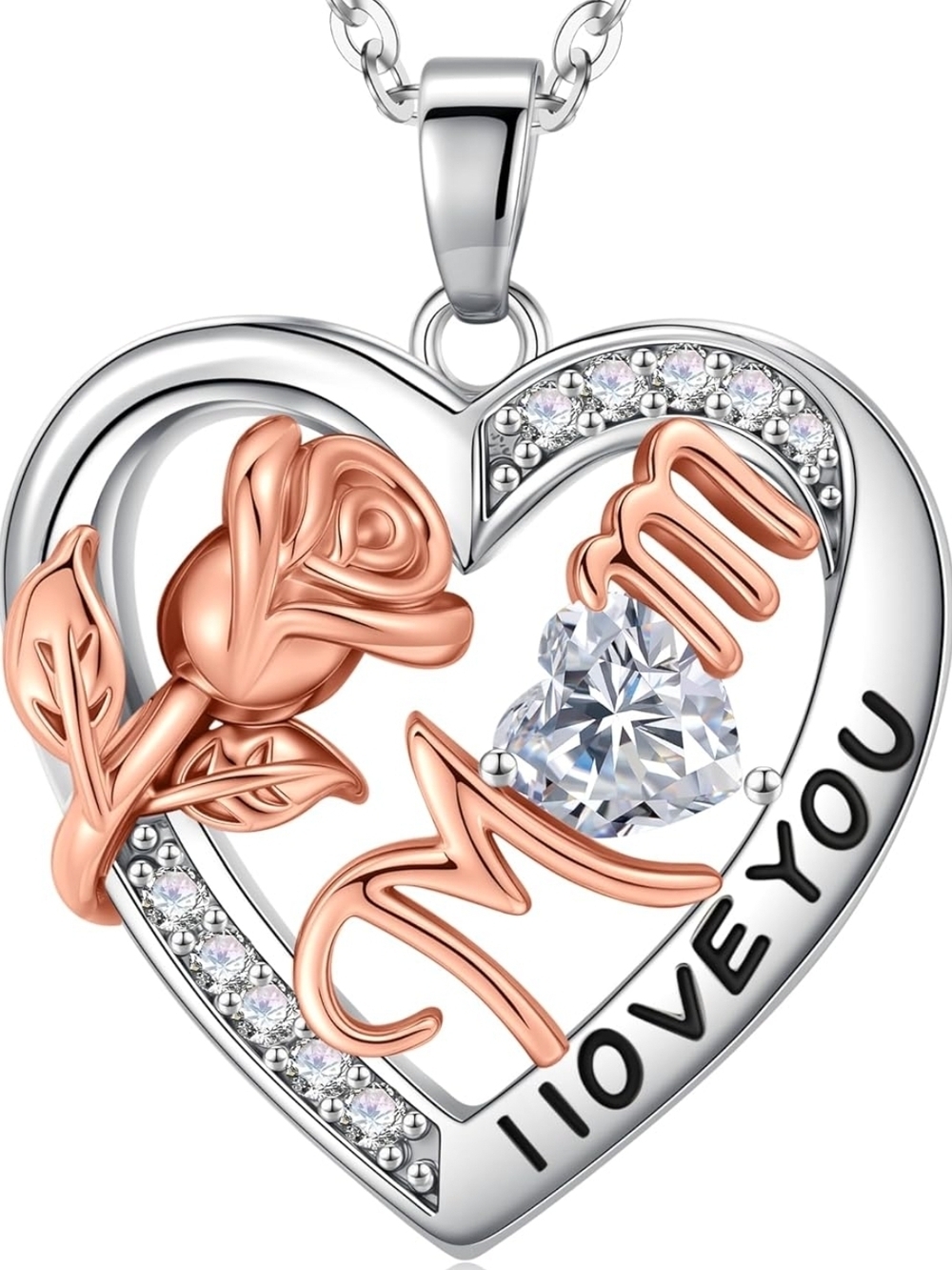 925 Sterling Silver I Love You Mom Heart Pendant Necklace - Rose‎ Gold & Silver